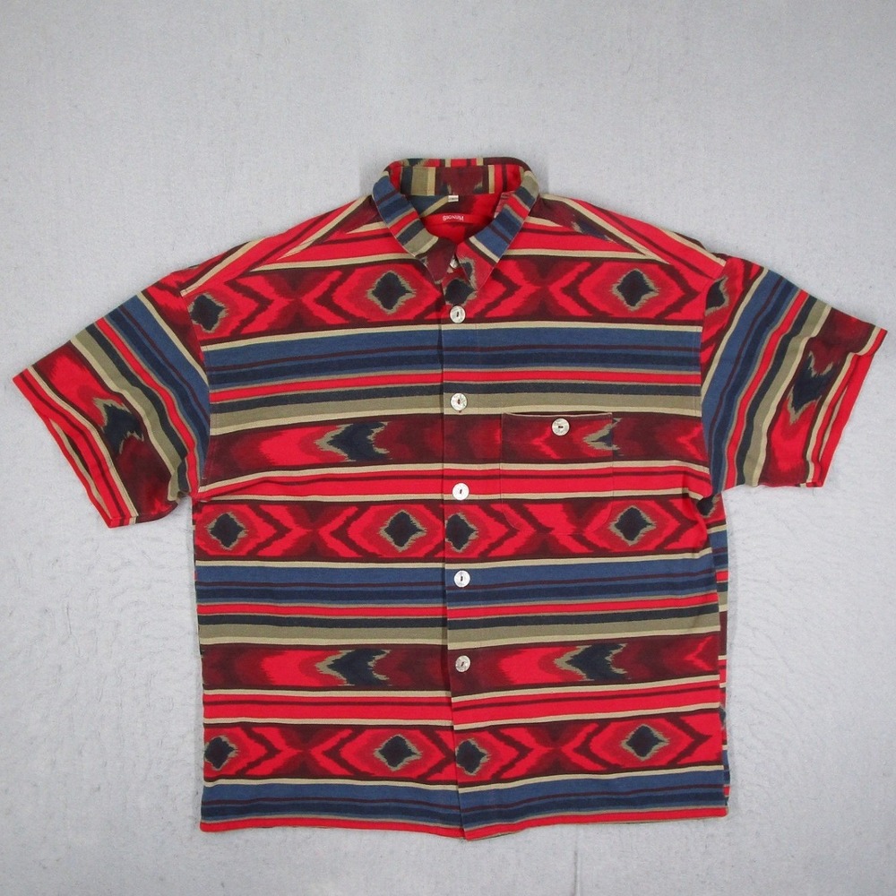 Signum Mens Large Red Blue Southwest Ikat Geometric Aztec Button Up Shirt
